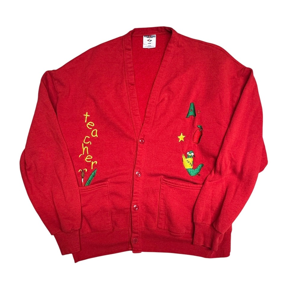 Vintage Jerzees Red Teacher Cardigan Sweatshirt Embroidery USA OSFM